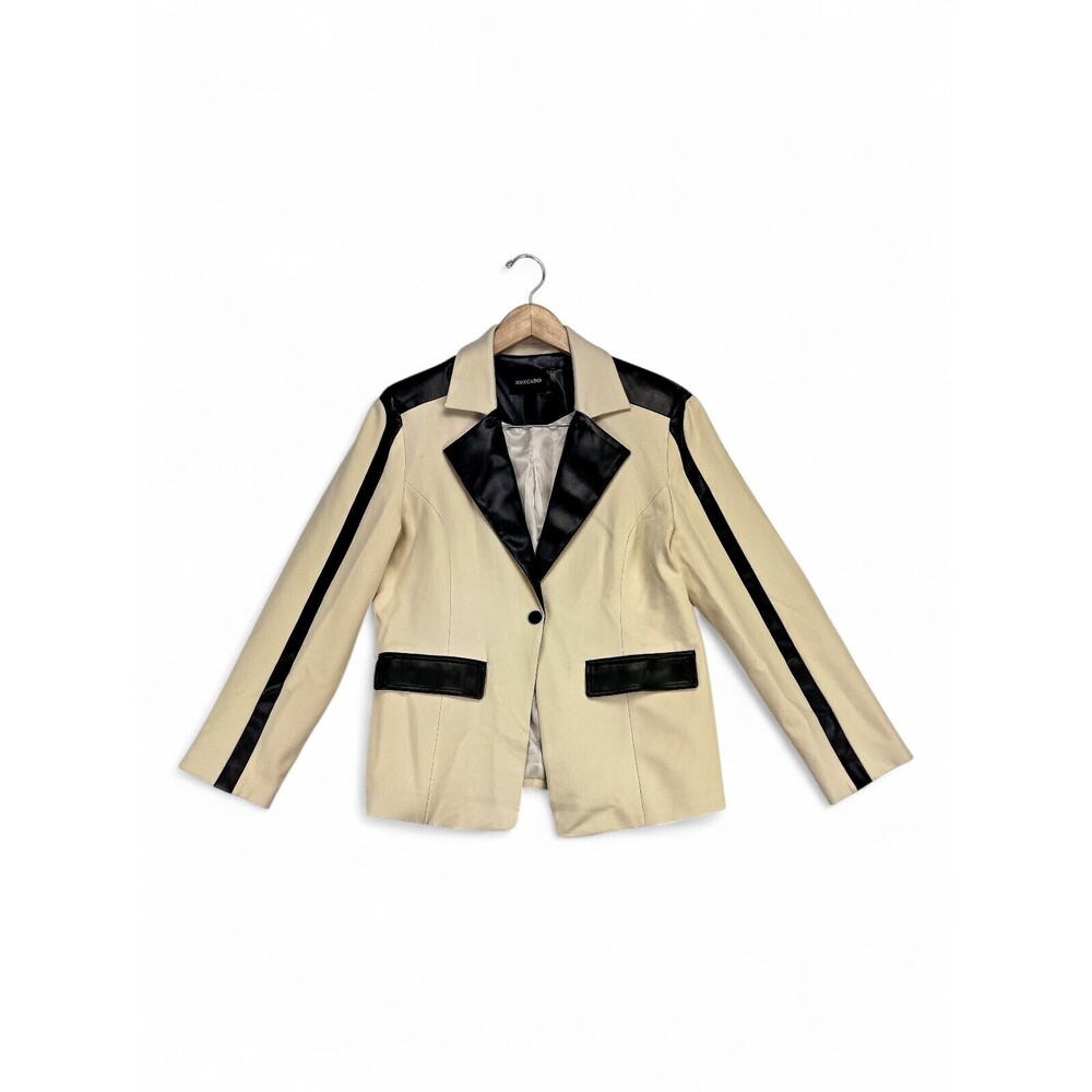 Dolce Cabo Cream Blazer with Black Faux-Leather Trim,‎ Size L